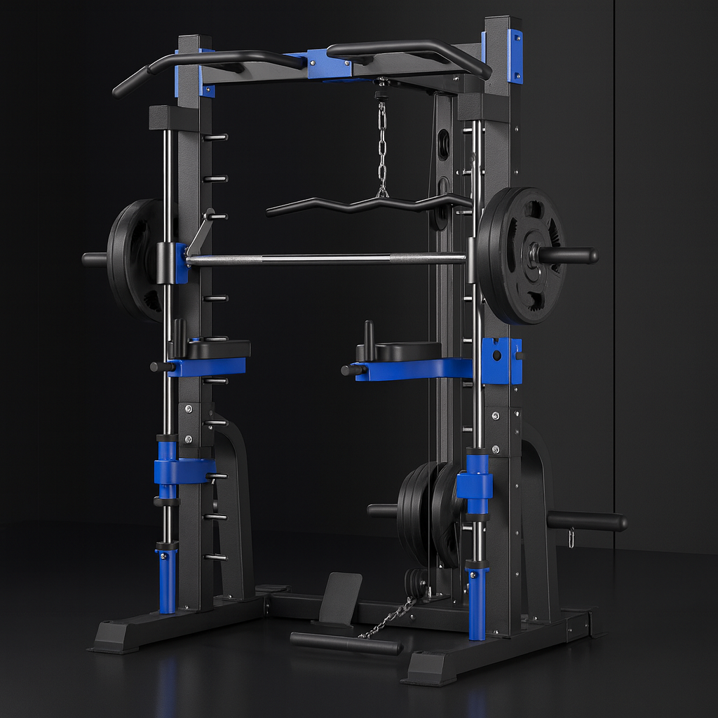 Multifunktionale Smith Machine – Komplette Kraftstation mit Kniebeugenrahmen, Bank und Seilzug – Vielseitiges Heimtrainingsgerät