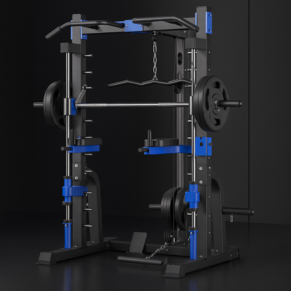 Multifunktionale Smith Machine – Komplette Kraftstation mit Kniebeugenrahmen, Bank und Seilzug – Vielseitiges Heimtrainingsgerät