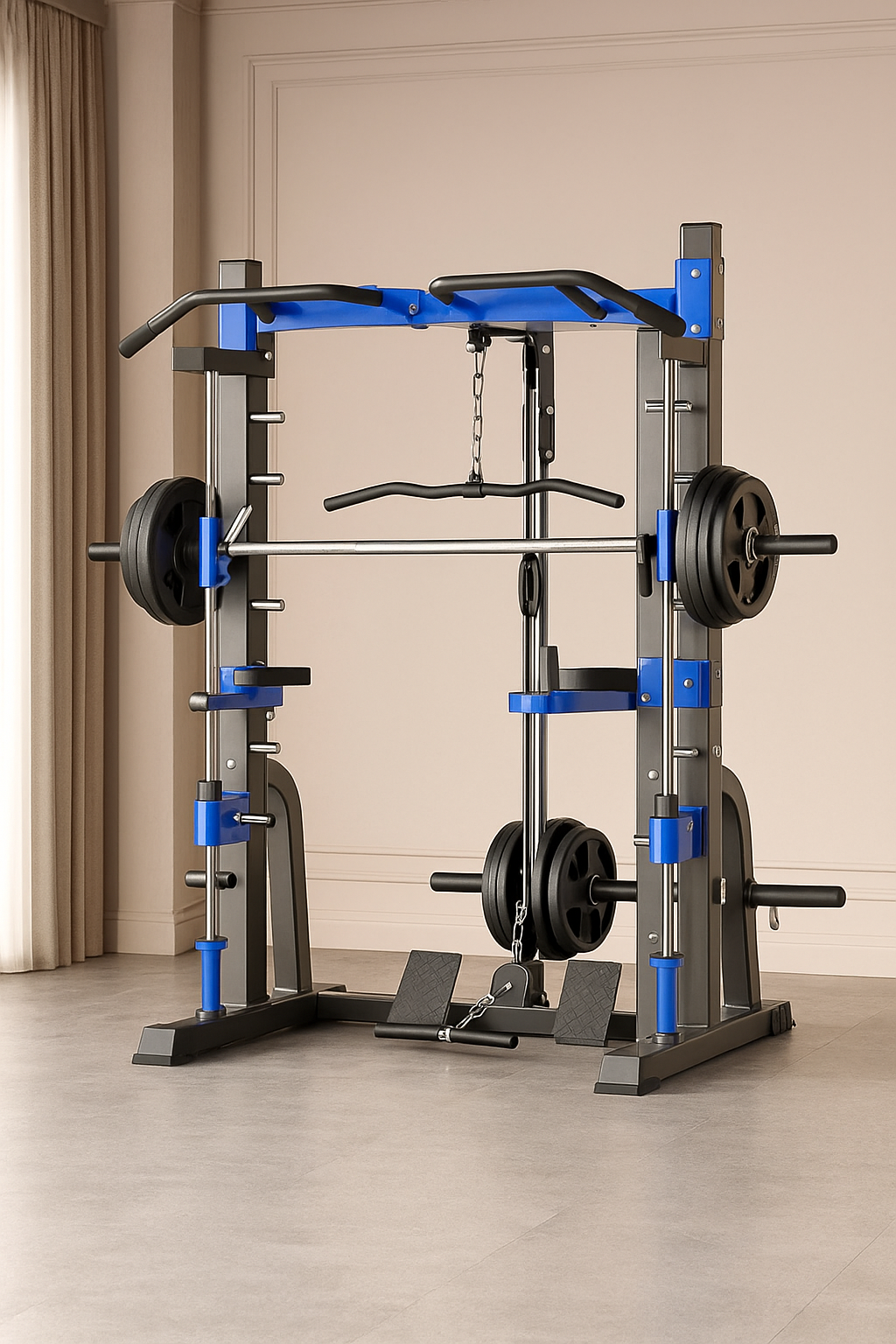 Multifunktionale Smith Machine – Komplette Kraftstation mit Kniebeugenrahmen, Bank und Seilzug – Vielseitiges Heimtrainingsgerät