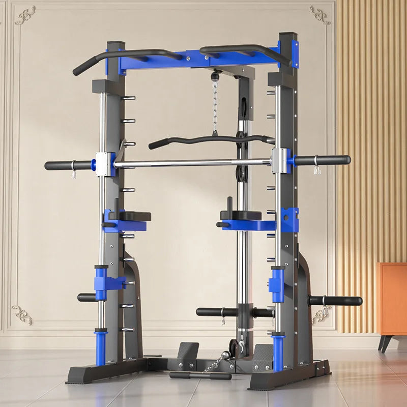 Multifunktionale Smith Machine – Komplette Kraftstation mit Kniebeugenrahmen, Bank und Seilzug – Vielseitiges Heimtrainingsgerät