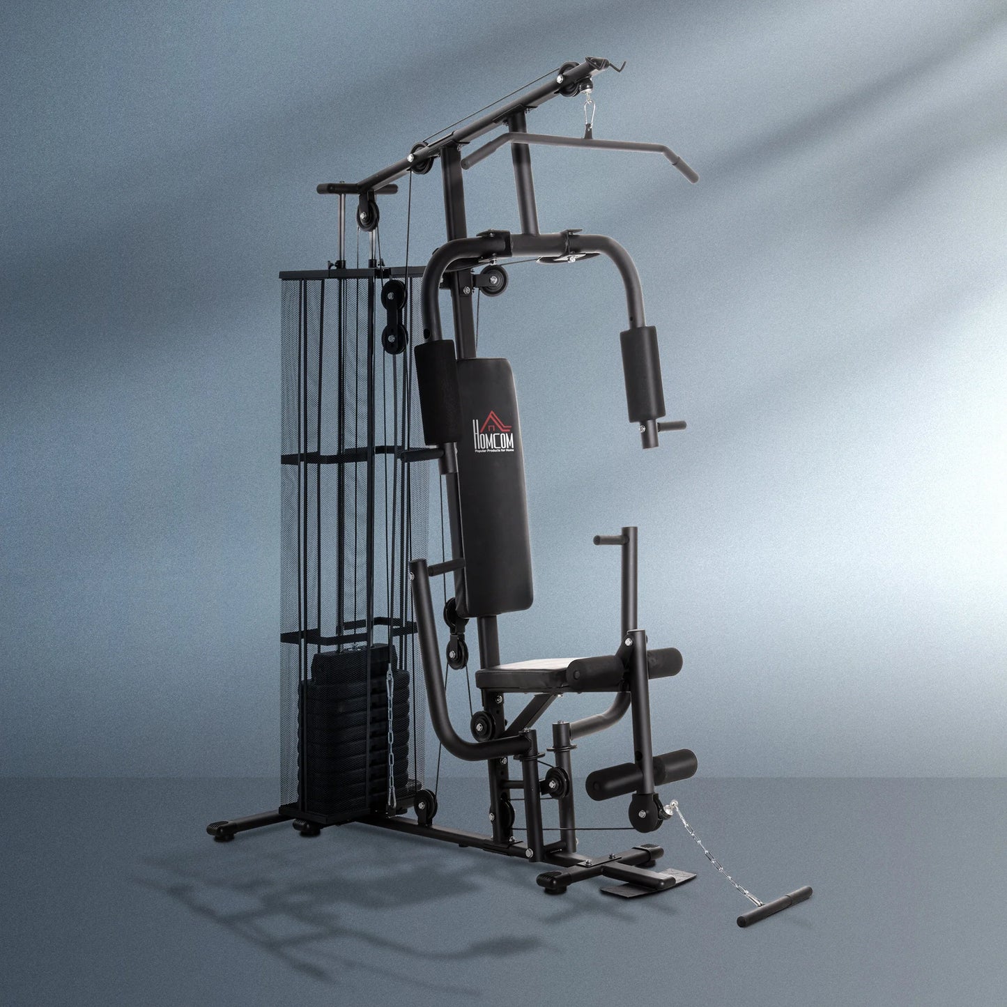 HOMCOM Kraftstation – Multistation mit Fußbügel &amp; 45 kg Gewichten – 150x110x210 cm