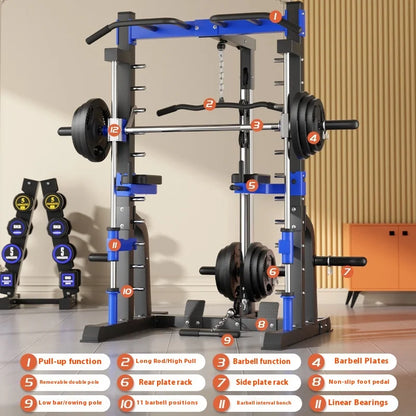 Multifunktionale Smith Machine – Komplette Kraftstation mit Kniebeugenrahmen, Bank und Seilzug – Vielseitiges Heimtrainingsgerät