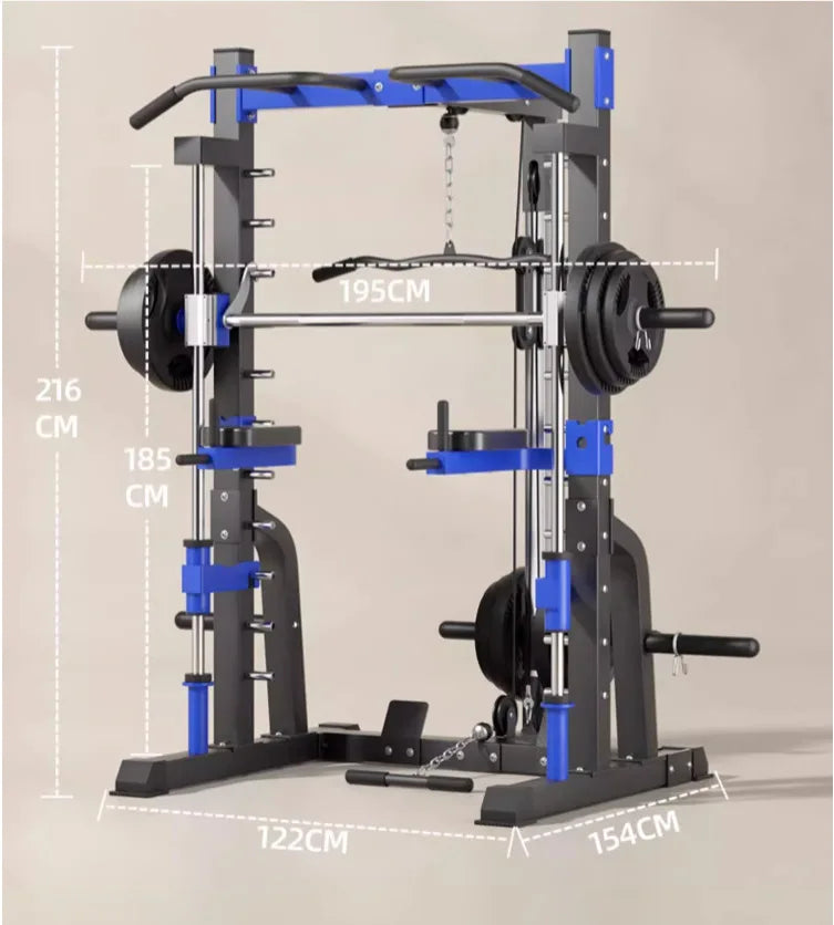 Multifunktionale Smith Machine – Komplette Kraftstation mit Kniebeugenrahmen, Bank und Seilzug – Vielseitiges Heimtrainingsgerät