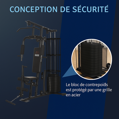 HOMCOM Kraftstation – Multistation mit Fußbügel &amp; 45 kg Gewichten – 150x110x210 cm