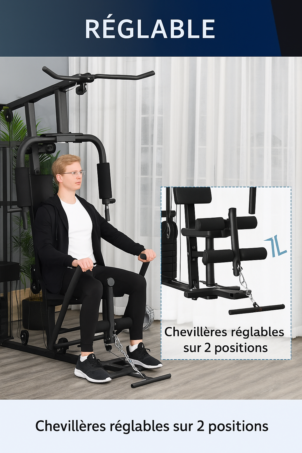 HOMCOM Kraftstation – Multistation mit Fußbügel &amp; 45 kg Gewichten – 150x110x210 cm